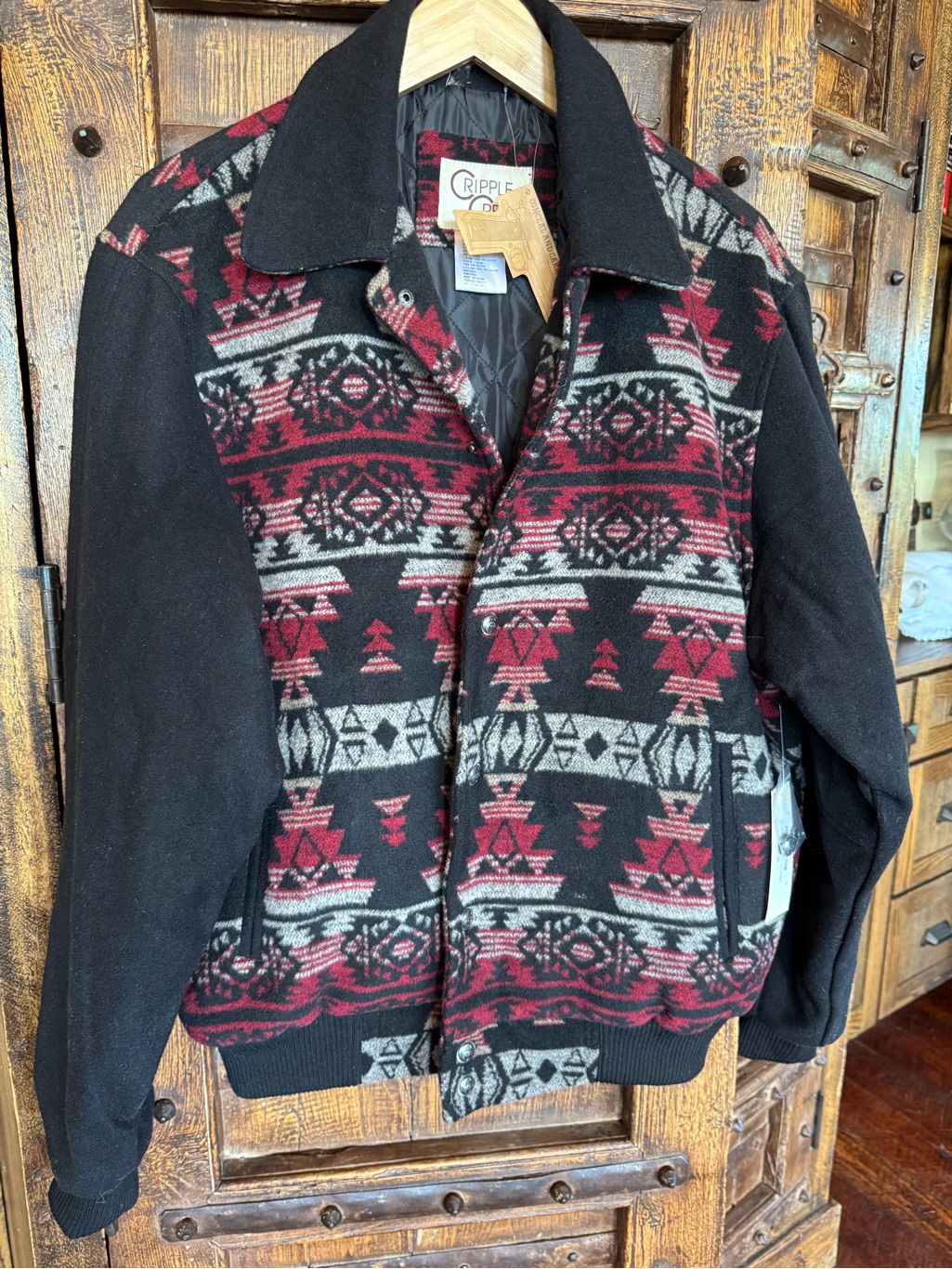 Cripple Creek Aztec Pattern Wool Blend Jacket In Black & Burgundy